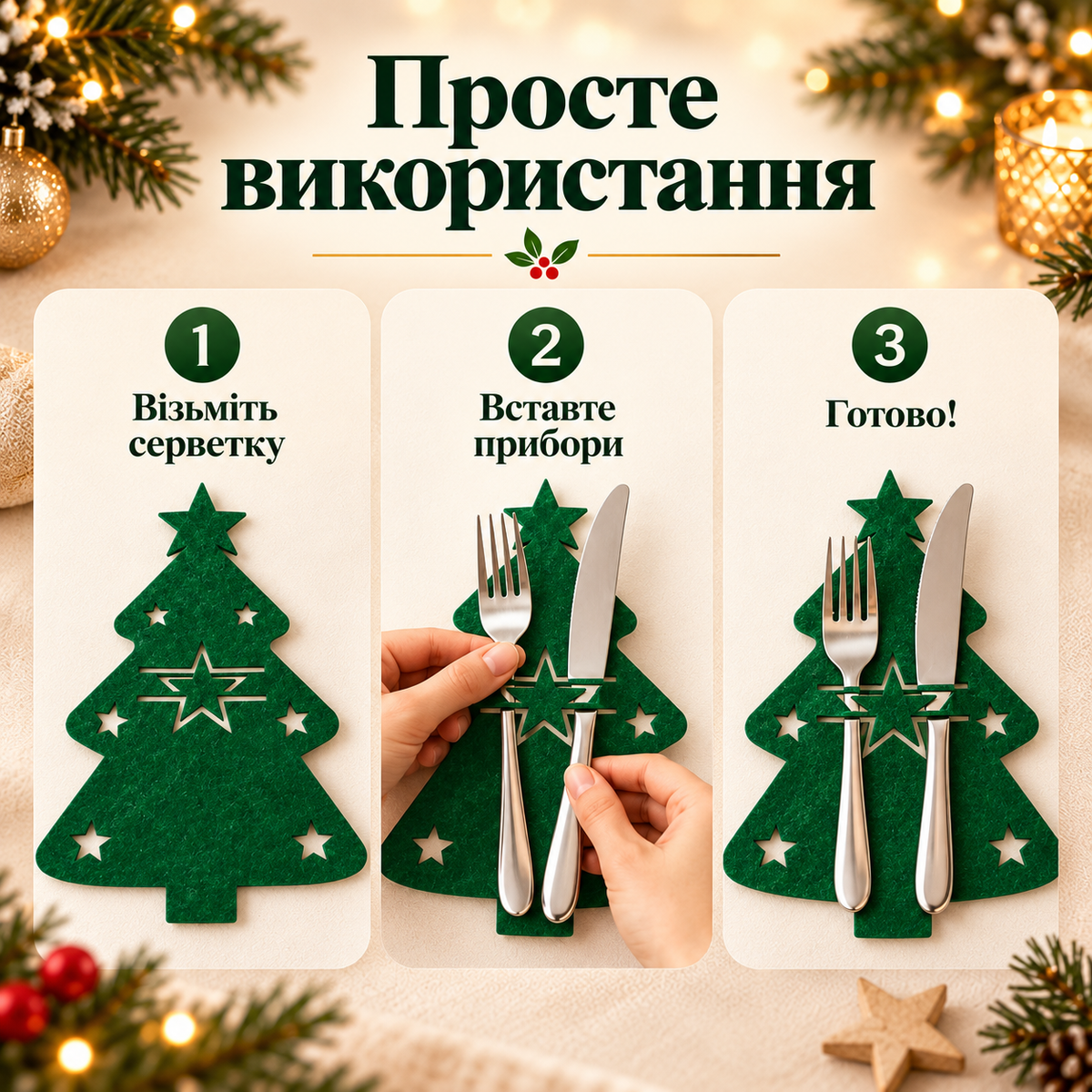 Конверти для столових приборів «Ялинка» 12 шт., новорічні, зелені, 21 × 17 см-thumbmail-4
