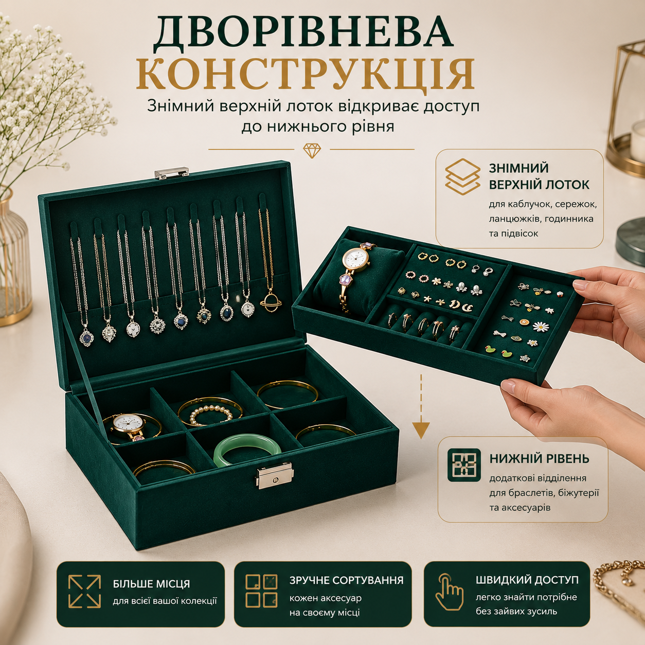 Дворівнева шкатулка-органайзер для ювелірних прикрас та біжутерії — оксамитова, із замком, 23×17×8,5 см, зелена-thumbmail-5