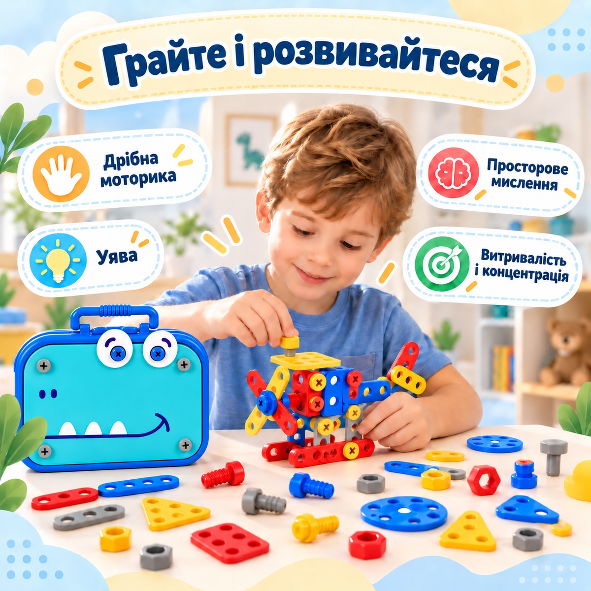Дитячий конструктор з шуруповертом, 351 деталь у кейсі-динозаврі, 2D та 3D моделі, інструменти в комплекті, від 3 років-thumbmail-4