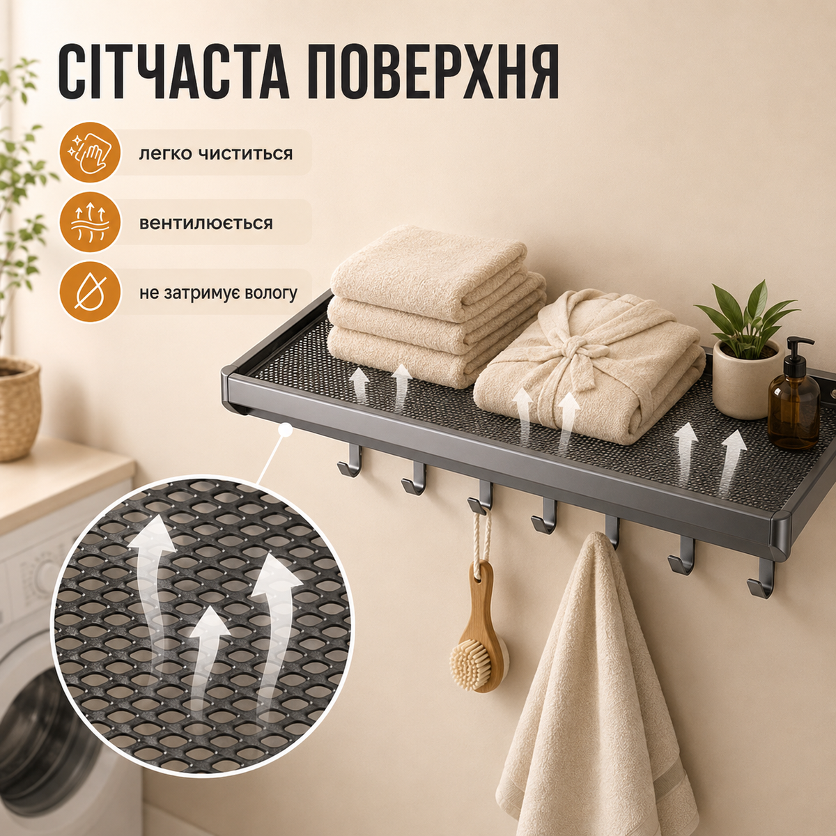 Настінна складна полиця для рушників 47 см з 6 гачками, алюмінієва, сіра-thumbmail-4