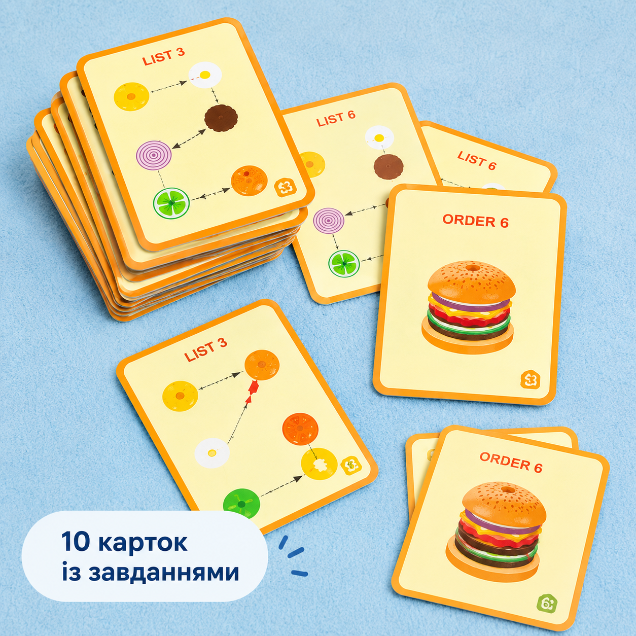 Дерев’яна пірамідка-сортер Бургер з картками-завданнями, 8 деталей, від 3 років, різнокольорова-thumbmail-4
