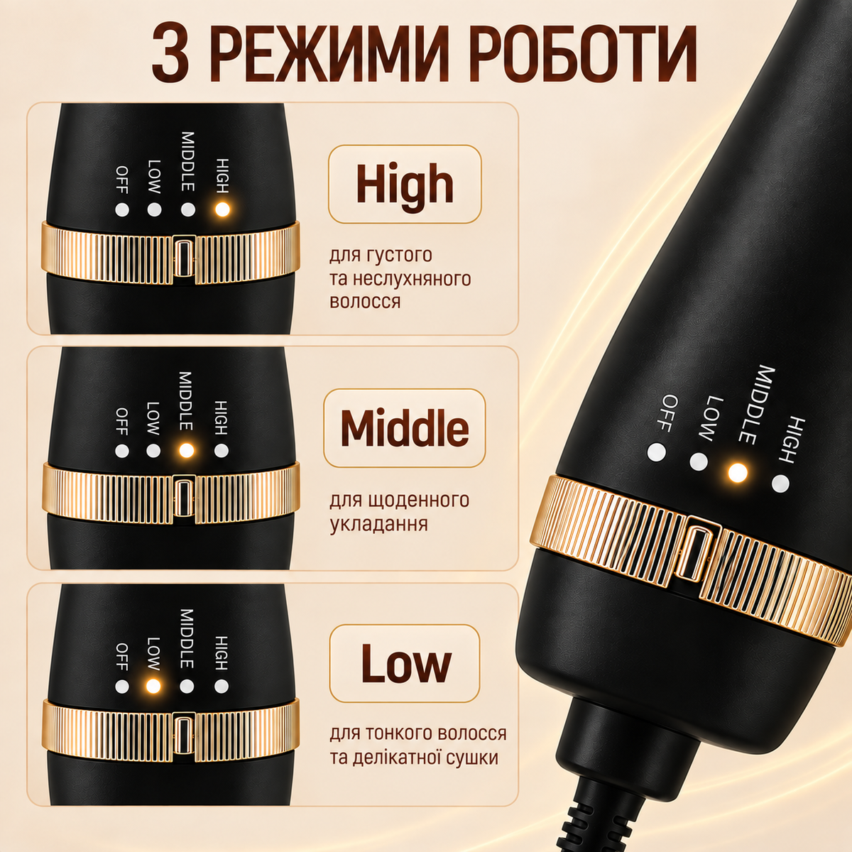 Фен-щітка для сушіння та укладання волосся 3 режими, чорно-золота-thumbmail-5