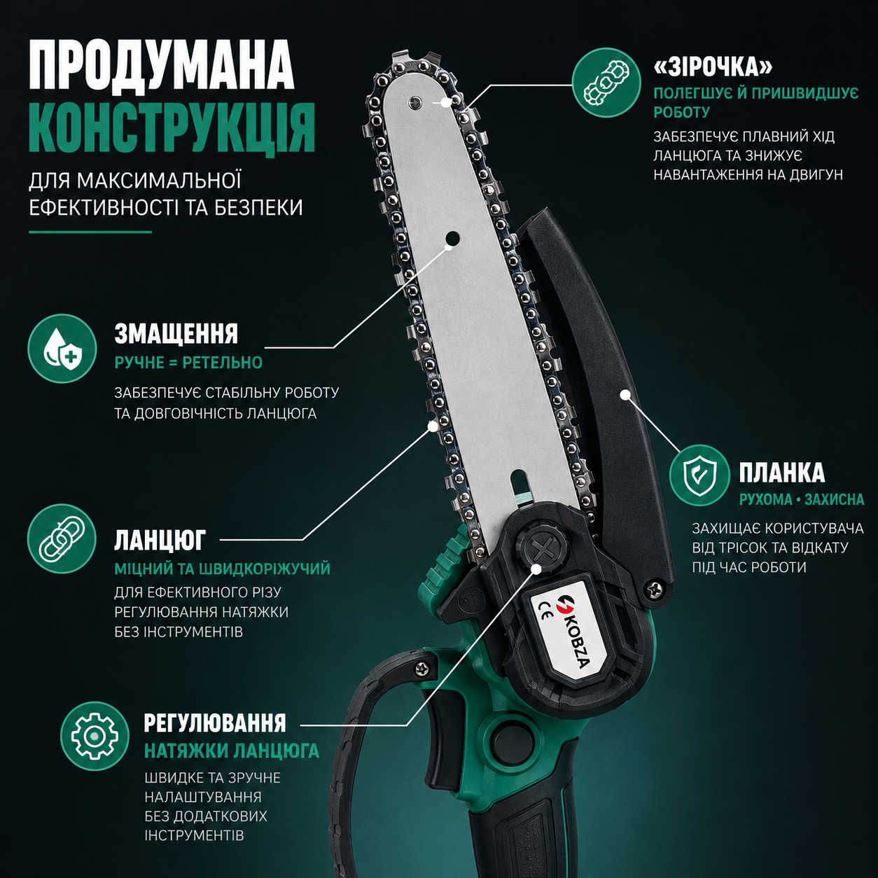 Акумуляторна ланцюгова електропила ChainSaw KOBZA з двома батареями й кейсом (міні-пила) 21В-thumbmail-4