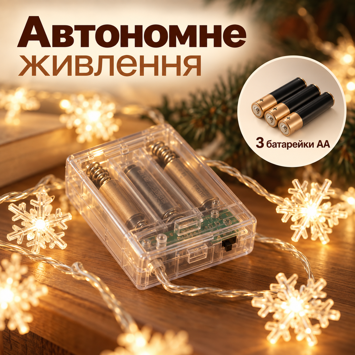 Гірлянда зі сніжинками 5 м, 40 світлодіодів, живлення від 3 батарейок AA-thumbmail-4