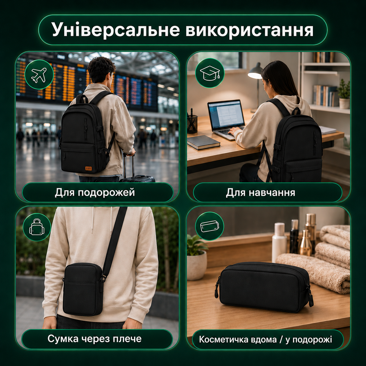 Комплект рюкзак, сумка через плече та пенал 3 в 1 для навчання і міста, чорний-thumbmail-4