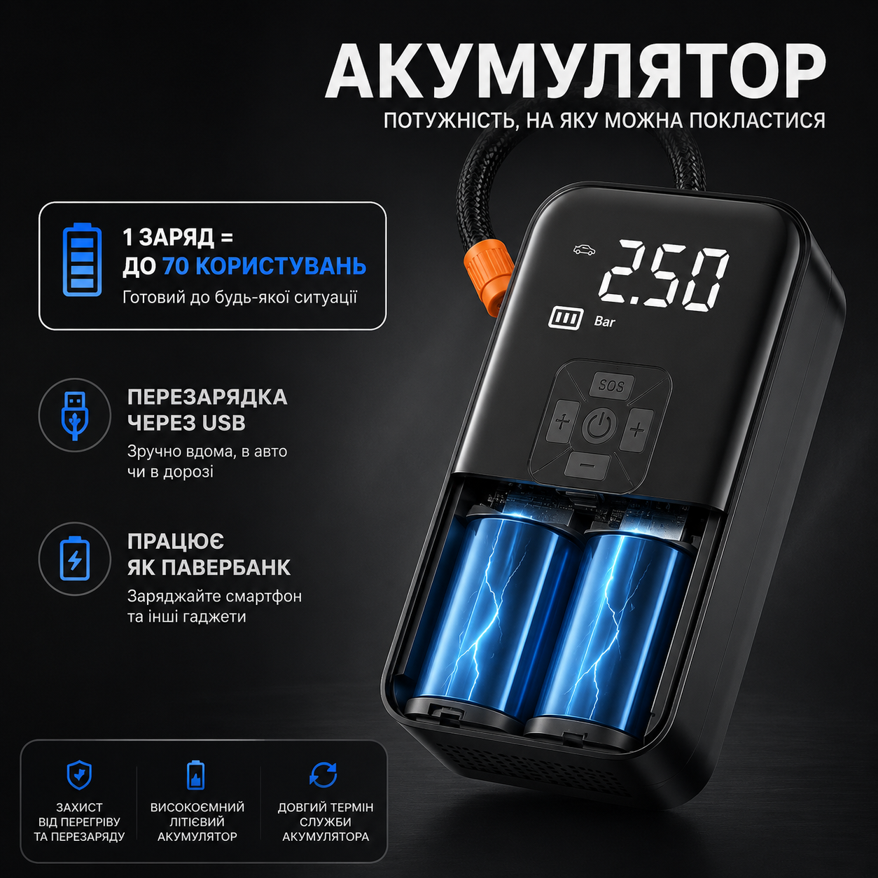 Автомобільний автокомпресор для підкачки шин (електричний акумуляторний повітряний автонасос накачування коліс)-thumbmail-4