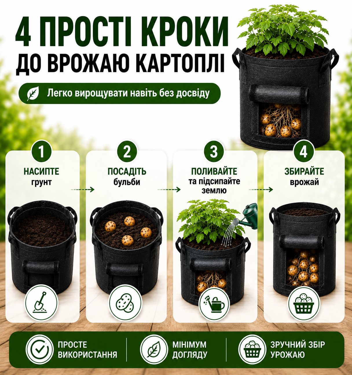 Тканинний мішок для вирощування картоплі та овочів 38 л з оглядовим вікном, чорний, 35×40 см-thumbmail-3