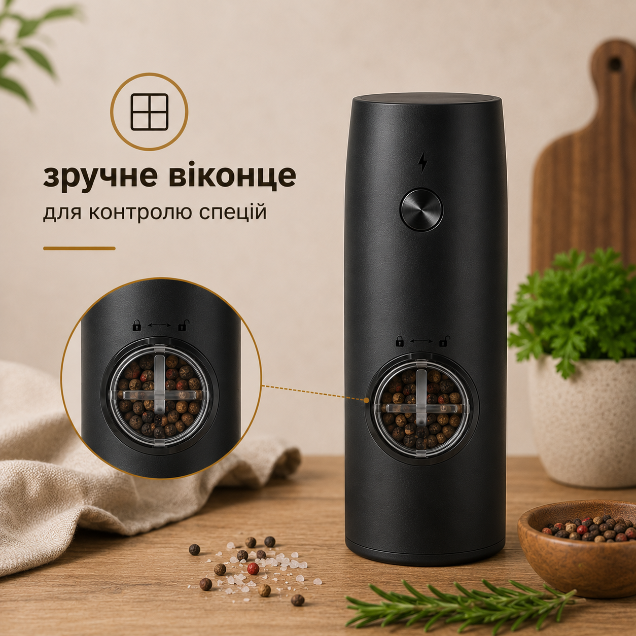 Набір електричних подрібнювачів для спецій, солі та перцю 2 шт., акумуляторний, керамічні жорна, 5 рівнів помелу, з базою для зарядки, чорний-thumbmail-6