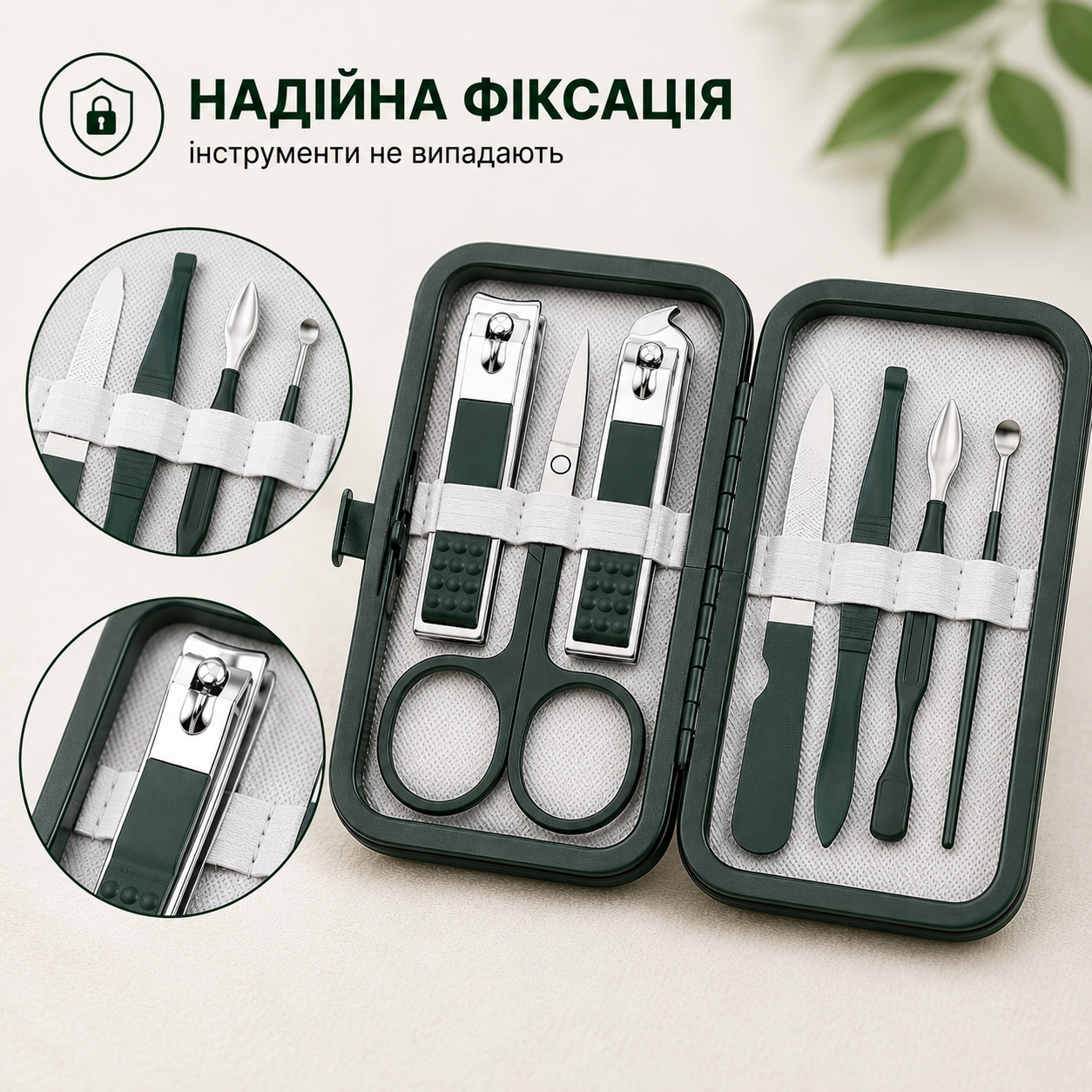Манікюрний набір 7 в 1 з нержавіючої сталі у футлярі, зелений-thumbmail-4