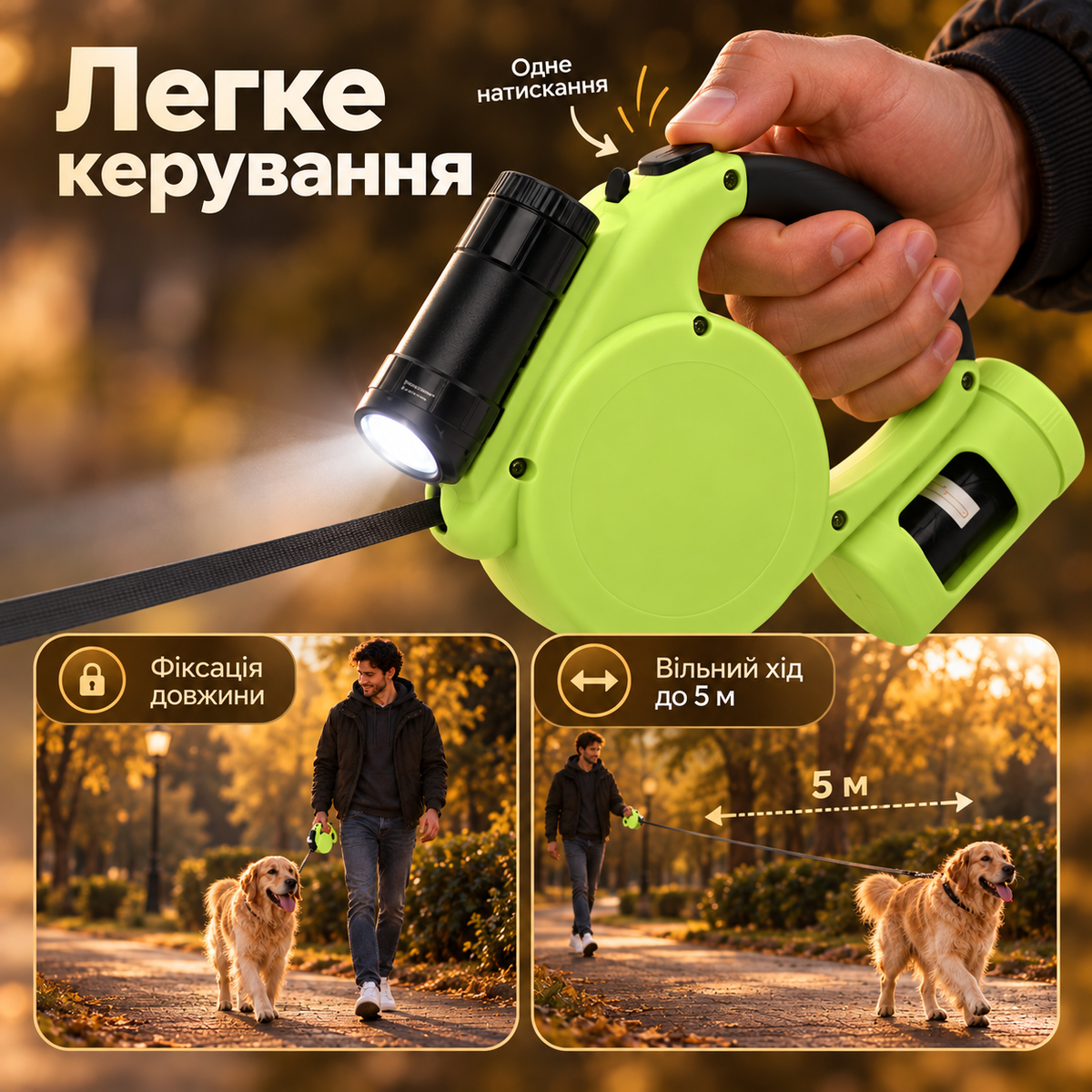 Автоматичний повідок для собак рулетка 5 м з LED-ліхтариком і контейнером для пакетів-thumbmail-4