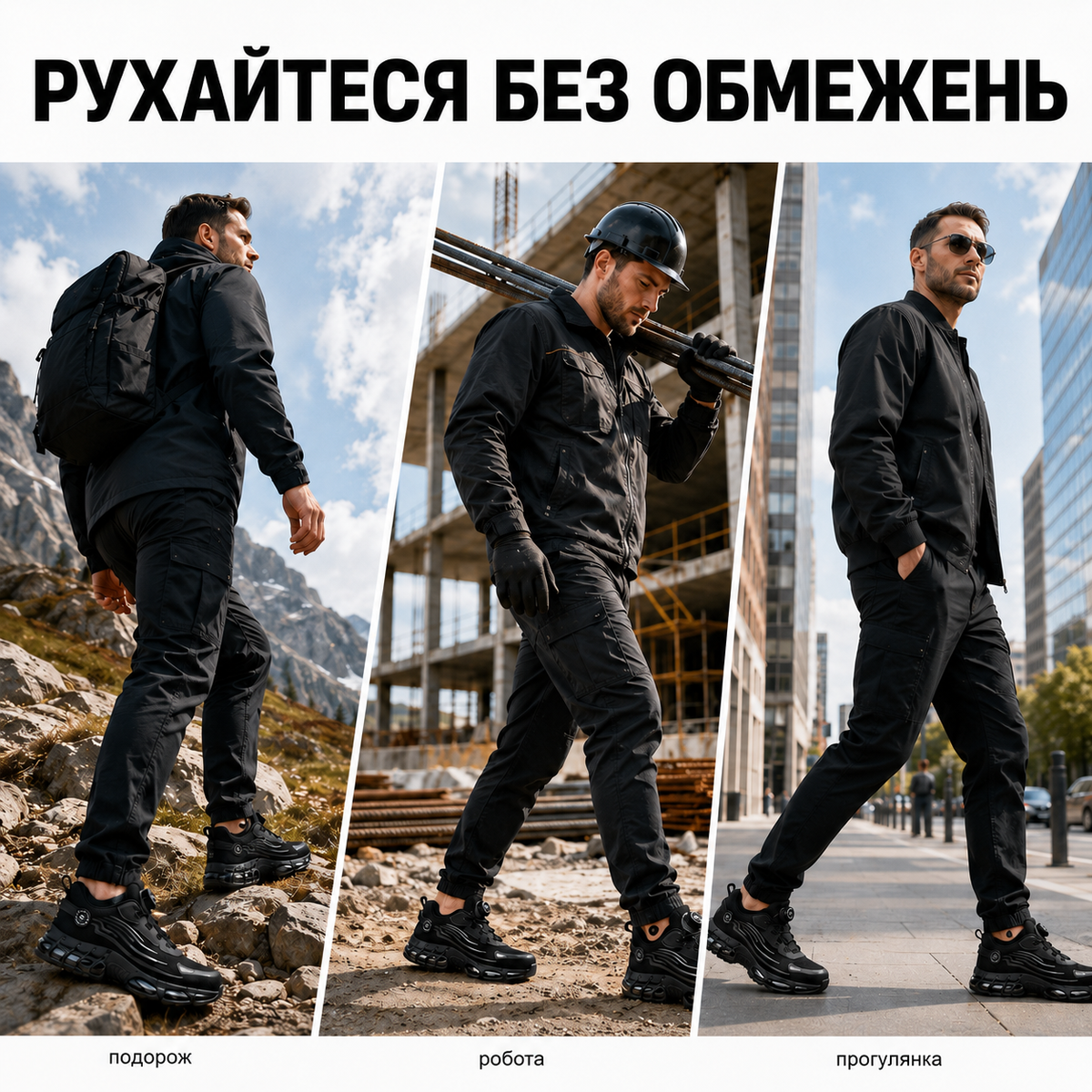 Чоловічі кросівки зі захисним металевим носком і швидкою шнурівкою, чорні демісезонні-thumbmail-4