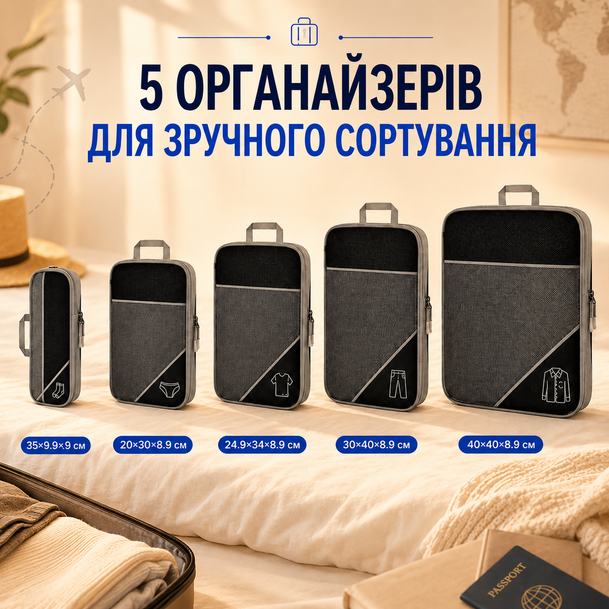 Компресійні органайзери для валізи 5 шт. з подвійною блискавкою та сітчастими вставками, чорні-thumbmail-4