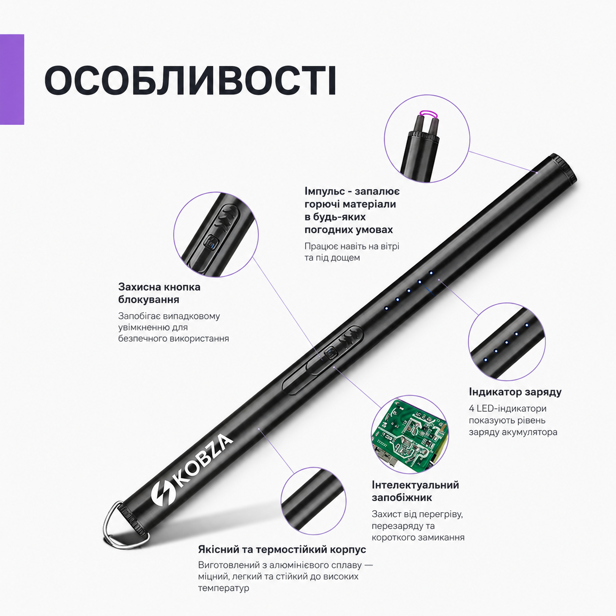 Інноваційна плазмова електронна запальничка KOBZA для газової плити, свічок та барбекю — USB-заряджання, вітрозахисна, чорна (22 см)-thumbmail-5