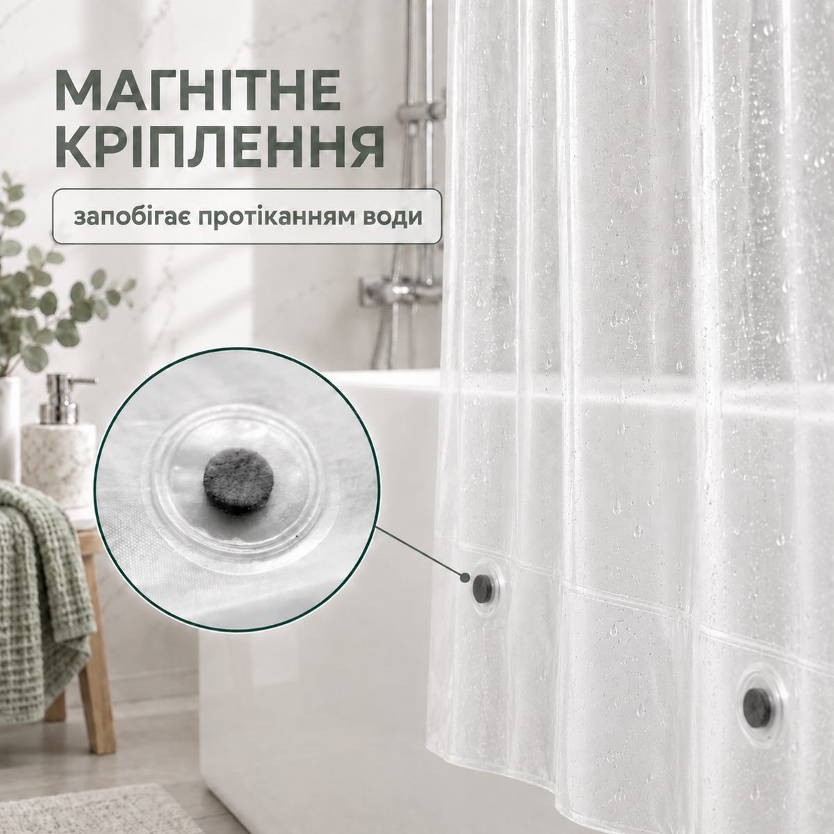 Шторка для ванної напівпрозора 180×180 см з 12 кільцями для ванни та душу-thumbmail-5