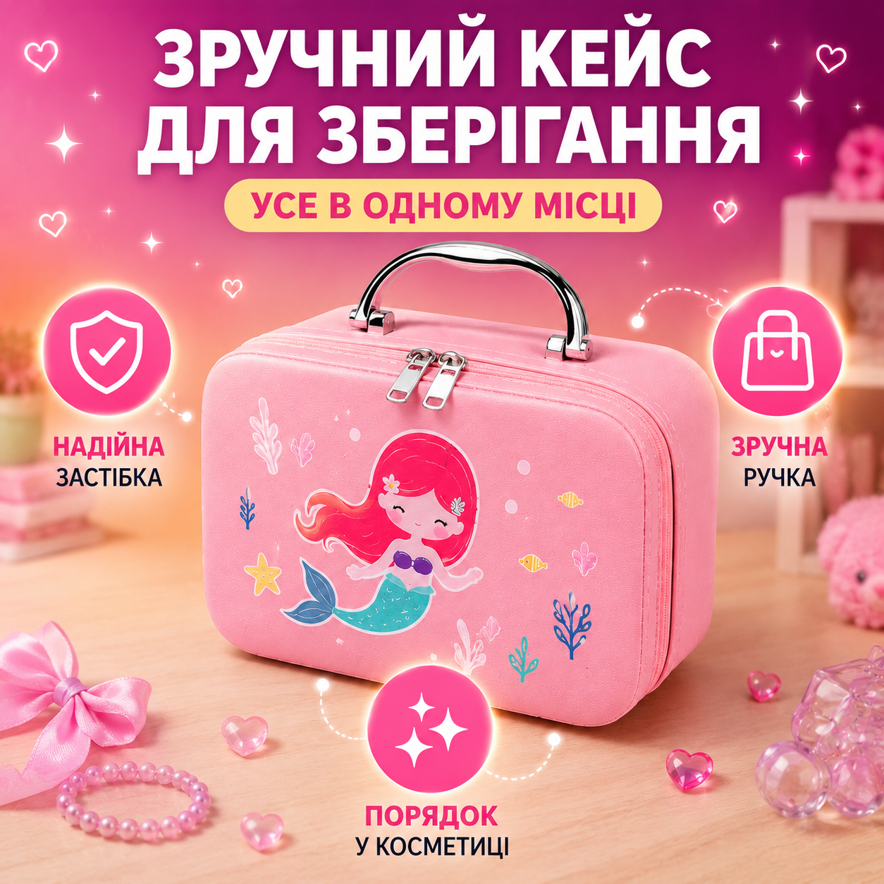 Набір дитячої косметики для дівчаток у кейсі Русалонька, 21 предмет, дзеркальце та аксесуари, рожевий-thumbmail-6
