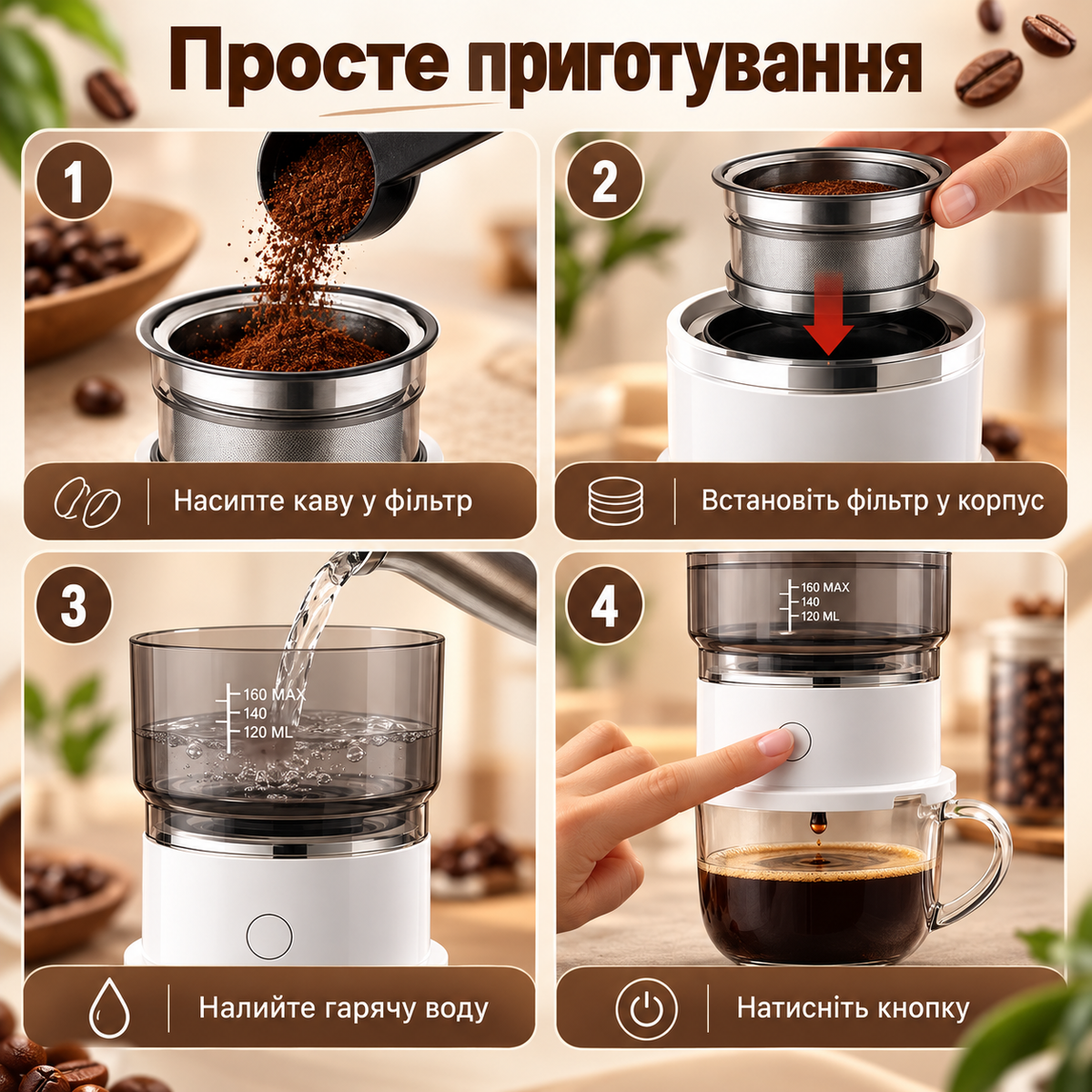 Автоматична кавоварка пуровер Pour Over 160 мл з багаторазовим фільтром SUS304, резервуаром Tritan та живленням від 2 AAA-thumbmail-4