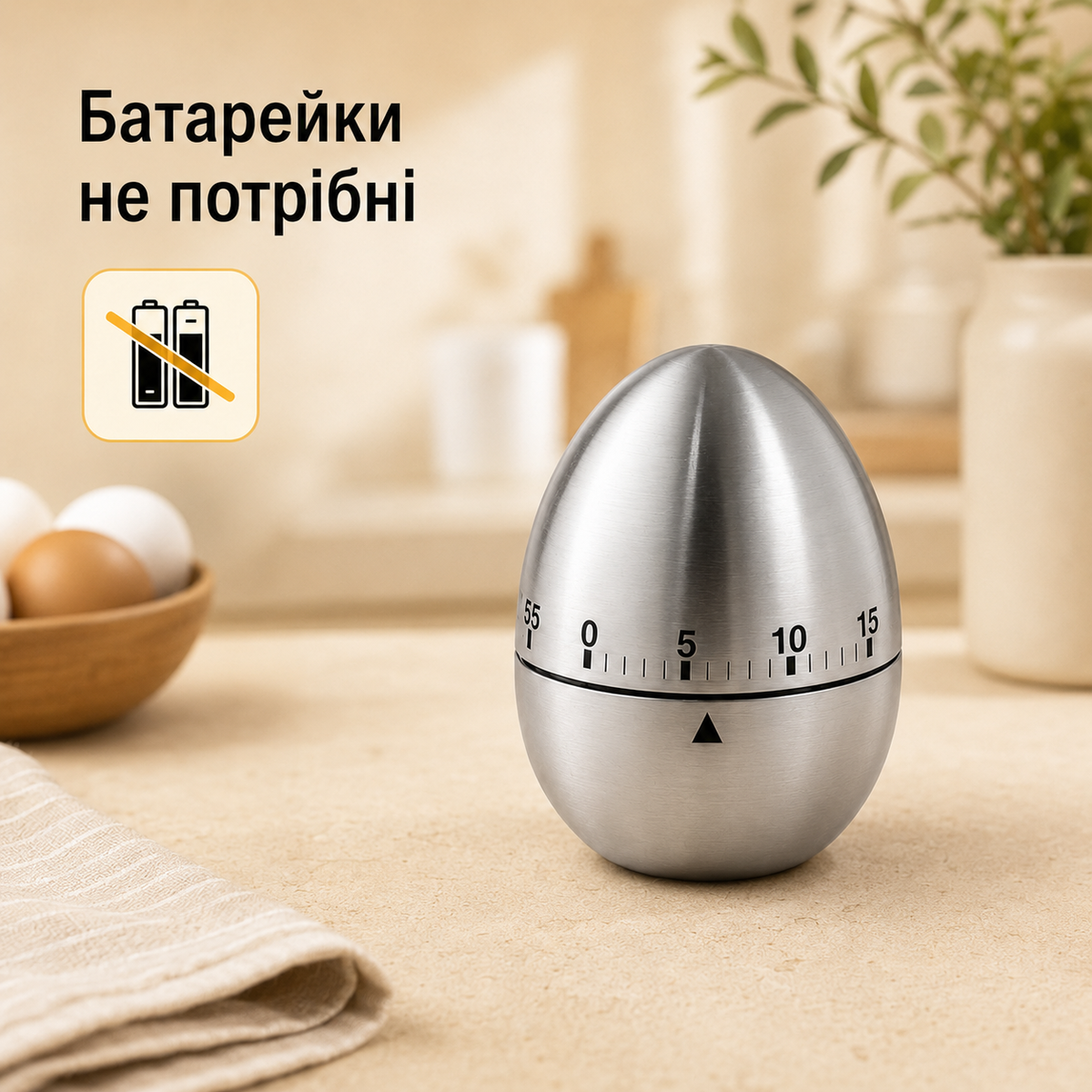 Кухонний механічний таймер до 60 хвилин без батарейок, нержавіюча сталь, сріблястий-thumbmail-5