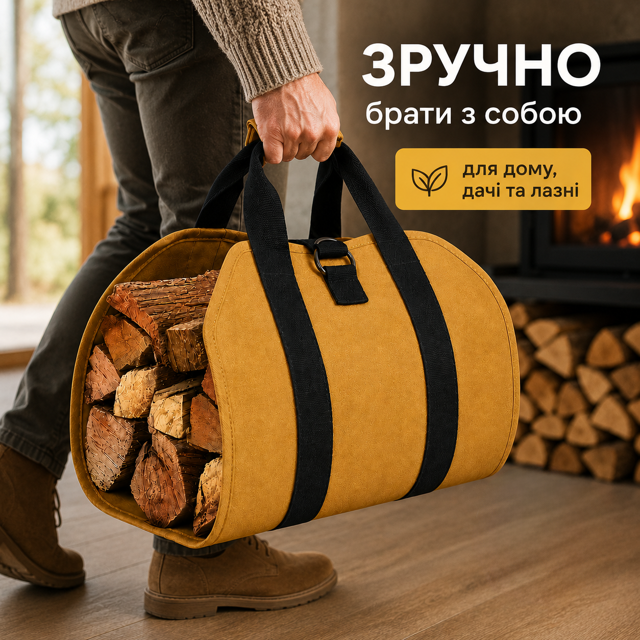 Сумка для перенесення дров та садового сміття з тканини Oxford 80×45 см, складна, хакі-thumbmail-6