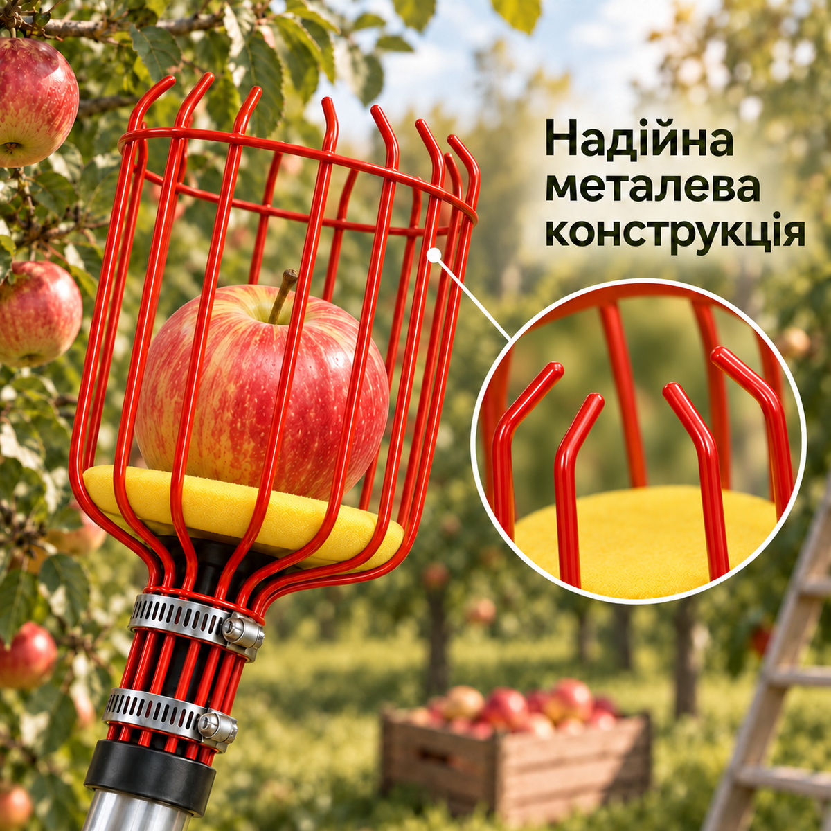 Плодознімач для яблук, груш та інших фруктів, довжина 1,6 м, металевий кошик, розбірна ручка 4 секції-thumbmail-5