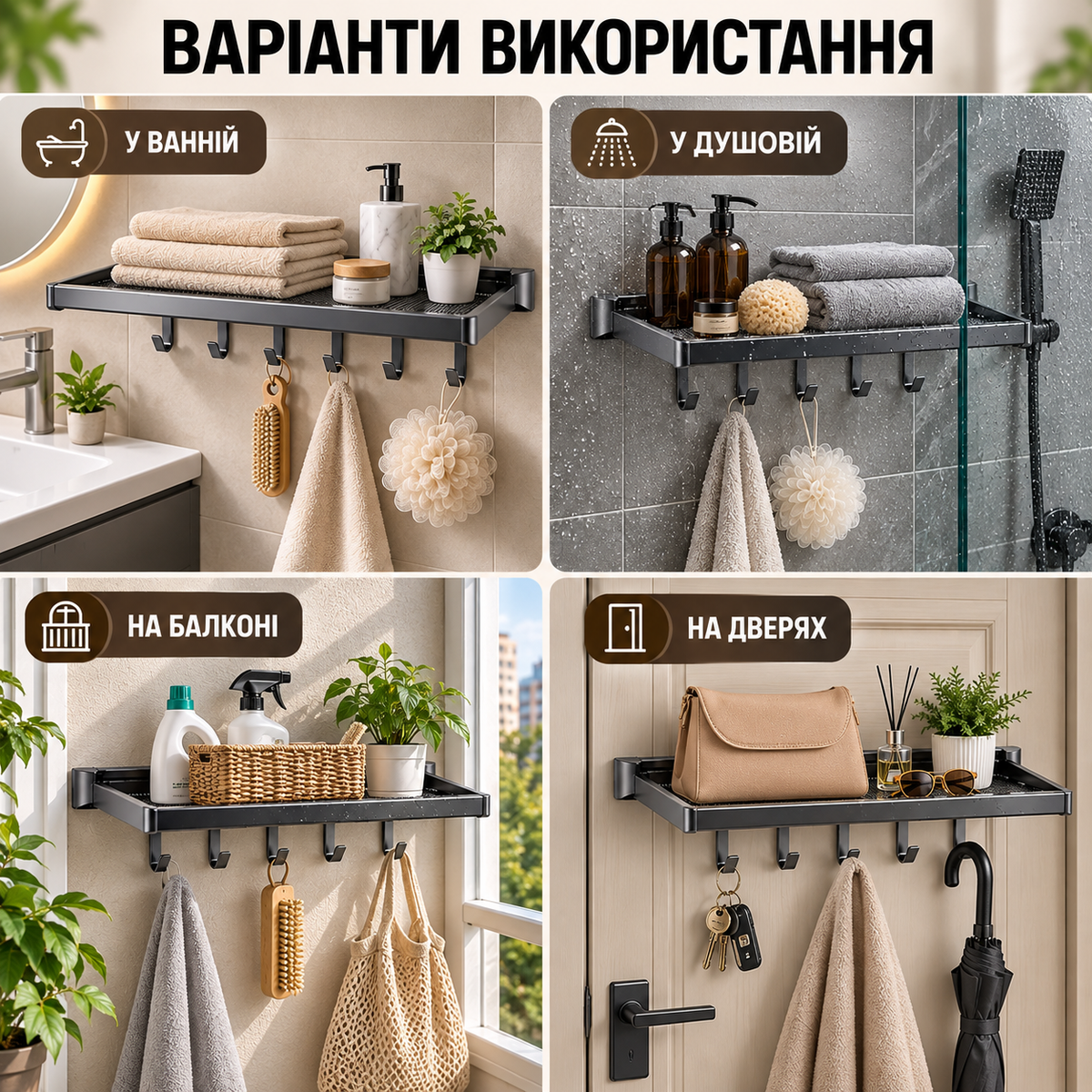 Настінна складна полиця для рушників 47 см з 6 гачками, алюмінієва, сіра-thumbmail-5
