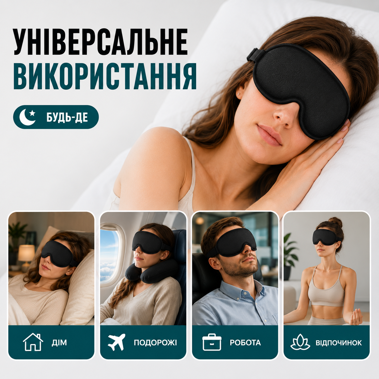 3D маска для сну з ефектом пам'яті та регульованим ремінцем, світлонепроникна, чорна 25×10 см-thumbmail-6