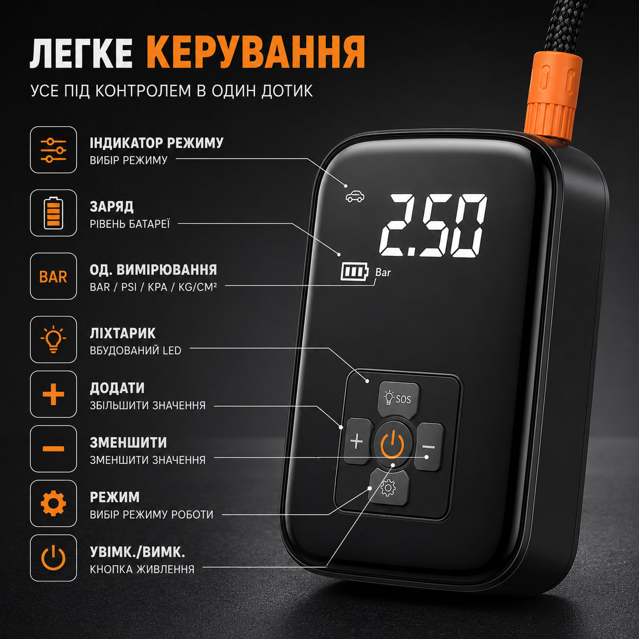Автомобільний автокомпресор для підкачки шин (електричний акумуляторний повітряний автонасос накачування коліс)-thumbmail-5