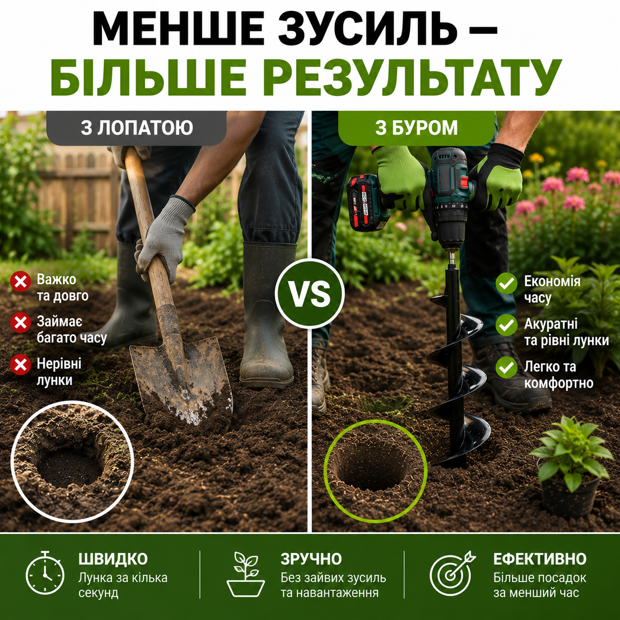 Садовий шнековий бур для дриля та шуруповерта 8×30 см для посадки рослин і розсади, інструментальна сталь-thumbmail-6