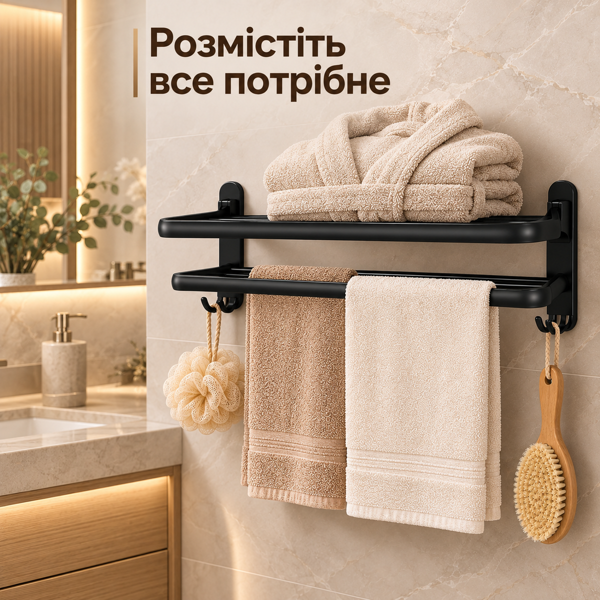 Настінний тримач для рушників з полицею та гачками чорний установка без свердління, 50 см-thumbmail-2