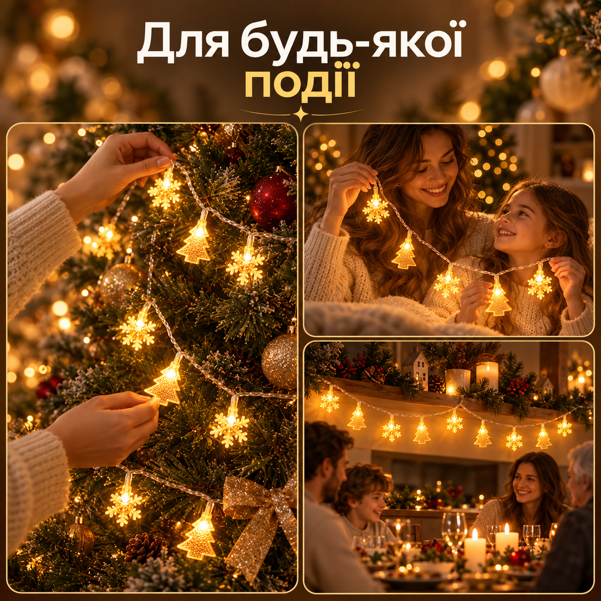 Світлодіодна гірлянда з ялинками та сніжинками, довжина 3 м, тепле жовте LED-світло, робота від USB, 2 режими-thumbmail-6