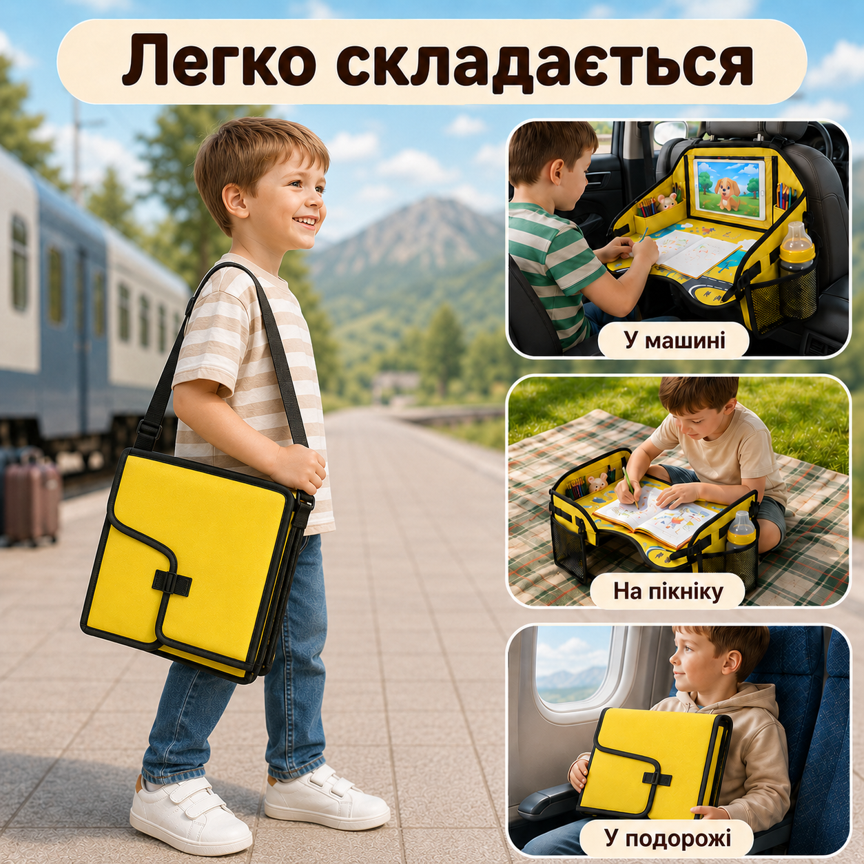 Дитячий дорожній столик-органайзер для авто та подорожей з кишенею для планшета, жовтий-thumbmail-5