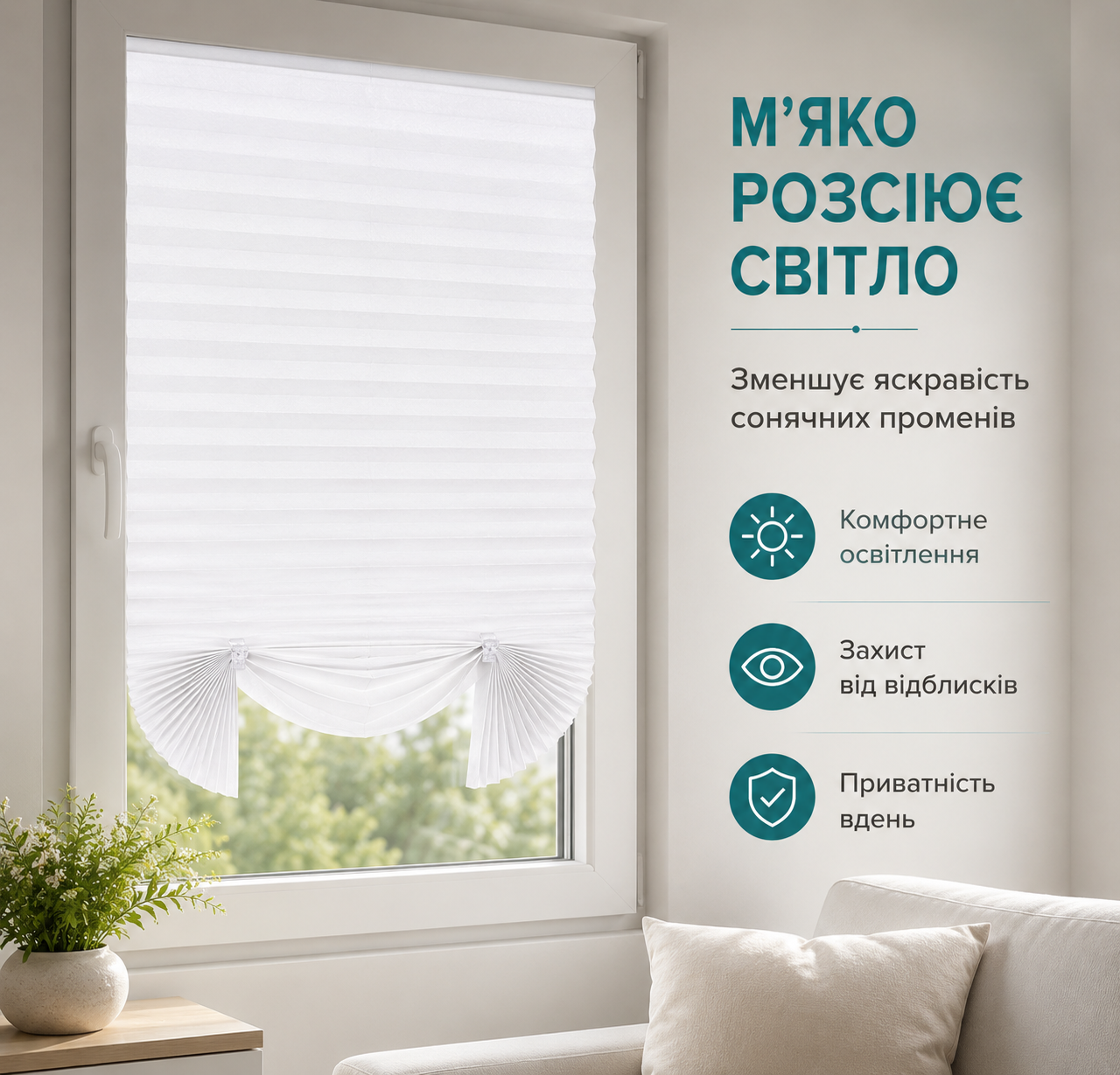 Самоклейна штора-плісе для вікна 90×150 см, біла, з нетканого матеріалу, 2 затискачі-thumbmail-5