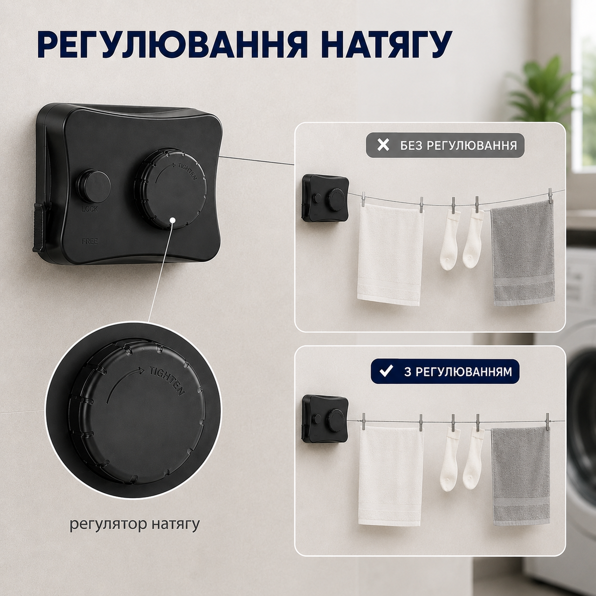Настінна висувна сушарка для білизни 5,1 м, з автоматичним змотуванням і регулюванням натягу, чорна-thumbmail-5
