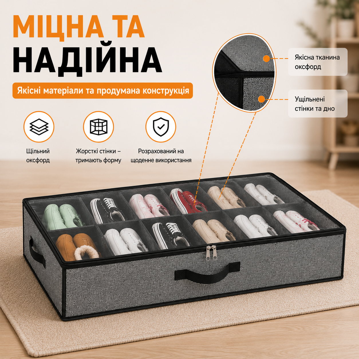 Органайзер для зберігання взуття під ліжком на 12 комірок, 75×60×15 см, з прозорою кришкою та ручками, сірий-thumbmail-7