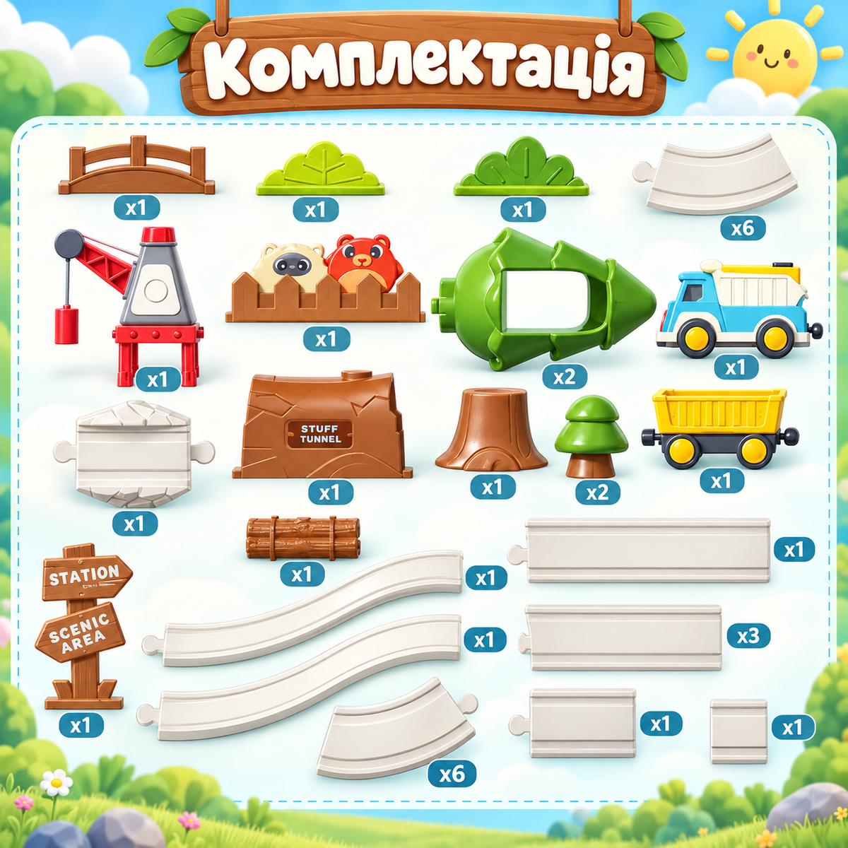 Залізниця ігровий набір Ліс FOREST TRACK, 36 деталей з електромобілем і причепами, траса 85,3 × 52,4 см-thumbmail-6
