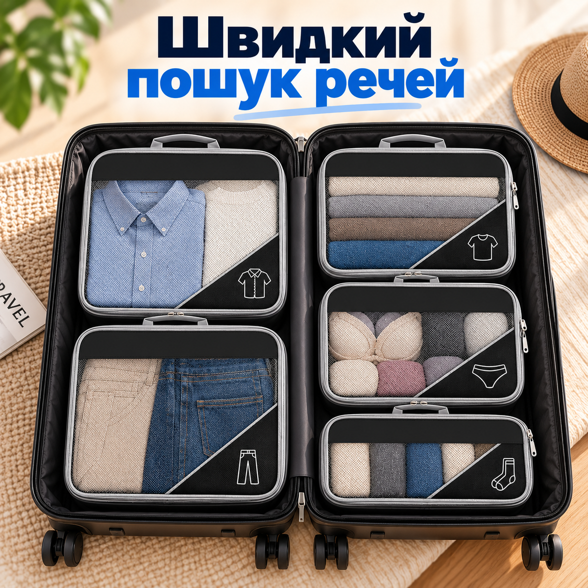 Компресійні органайзери для валізи 5 шт. з подвійною блискавкою та сітчастими вставками, чорні-thumbmail-6