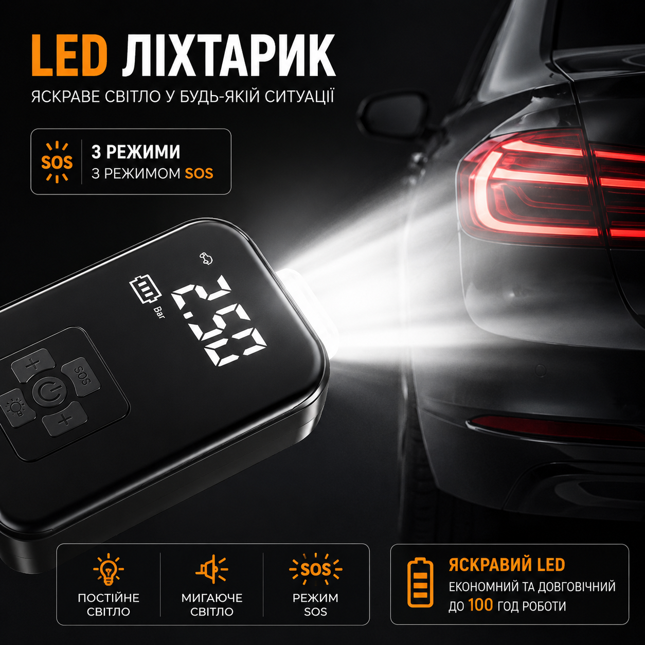 Автомобільний автокомпресор для підкачки шин (електричний акумуляторний повітряний автонасос накачування коліс)-thumbmail-6