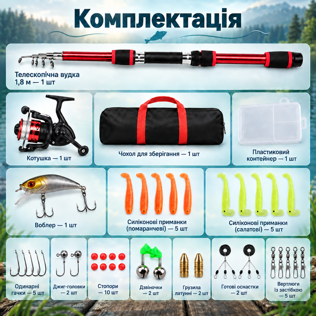 Телескопічна вудка 1,8 м з котушкою, спінінг з чохлом та набором рибальських аксесуарів-thumbmail-6