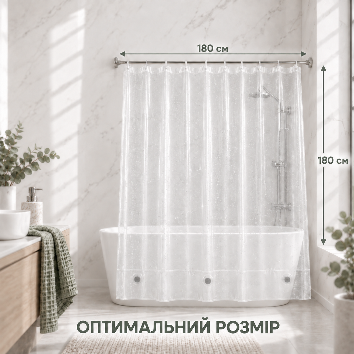 Шторка для ванної напівпрозора 180×180 см з 12 кільцями для ванни та душу-thumbmail-6