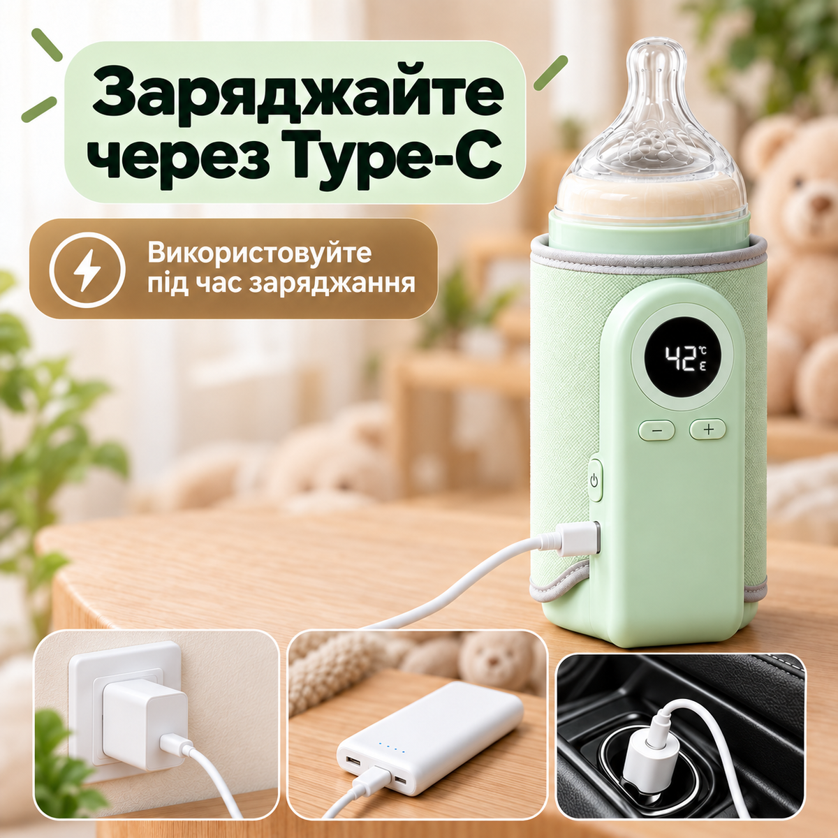 Підігрівач для пляшечки дитячої акумуляторний, регулювання температури 37–55 °C, дисплей-thumbmail-5