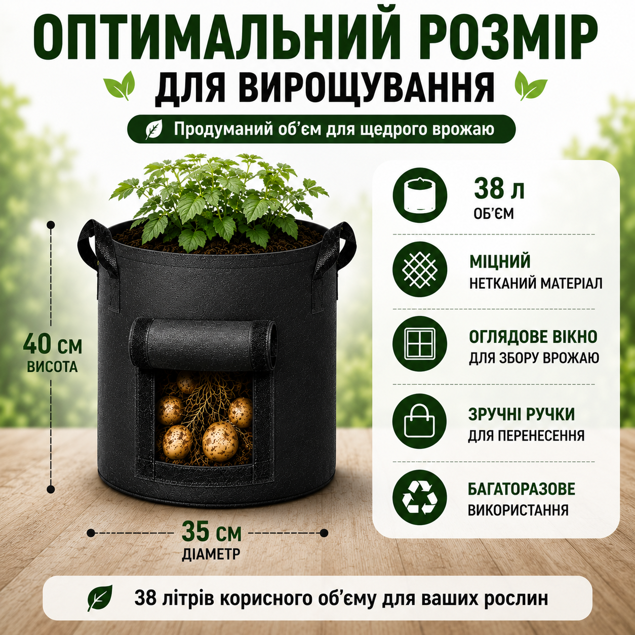 Тканинний мішок для вирощування картоплі та овочів 38 л з оглядовим вікном, чорний, 35×40 см-thumbmail-8