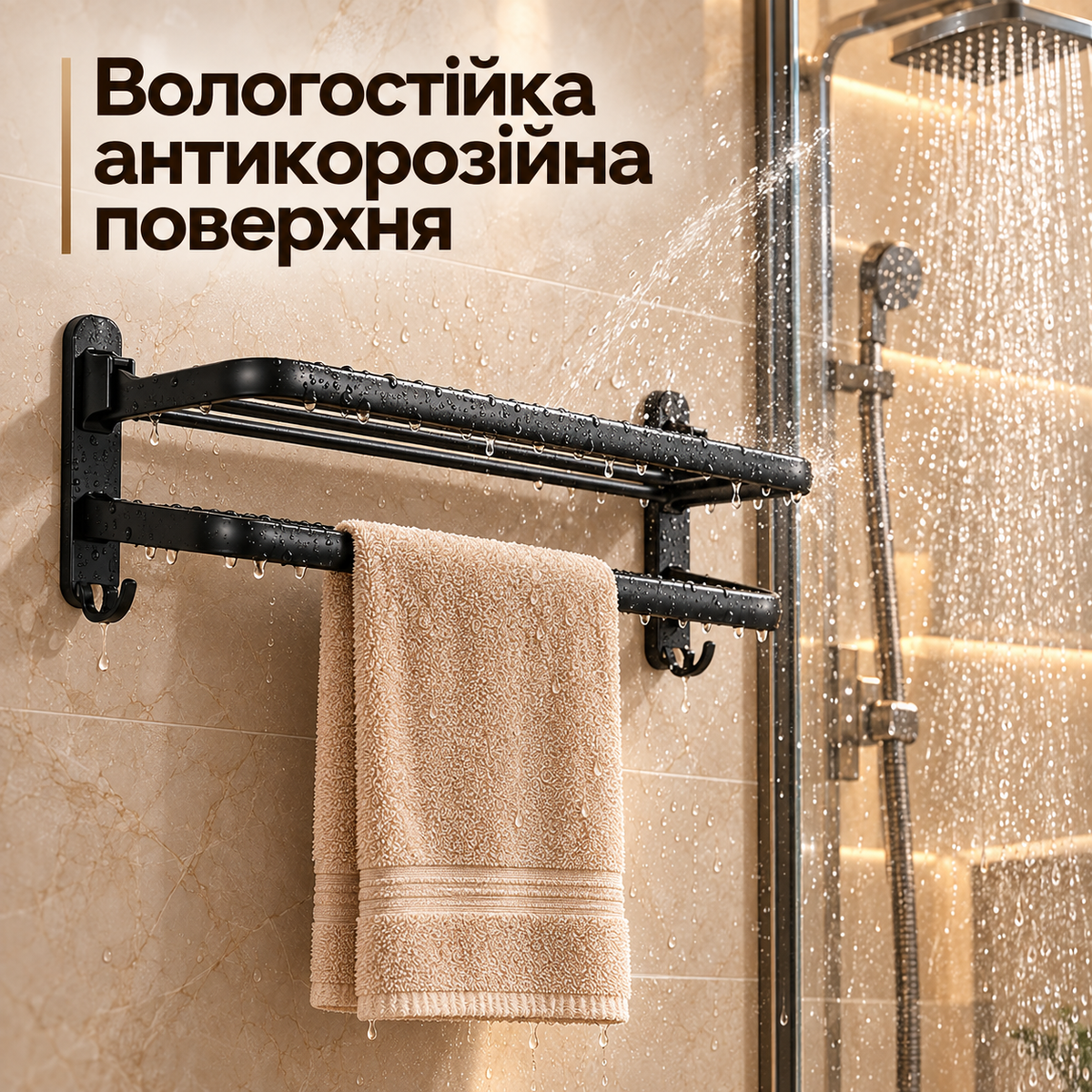 Настінний тримач для рушників з полицею та гачками чорний установка без свердління, 50 см-thumbmail-3