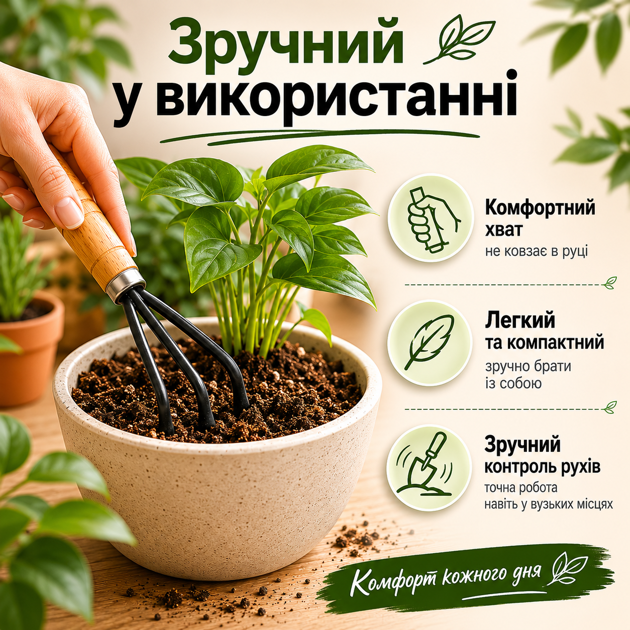 Набір садових інструментів 3 в 1 для кімнатних рослин та розсади — лопатка широка, лопатка вузька та граблі, 17 см-thumbmail-7