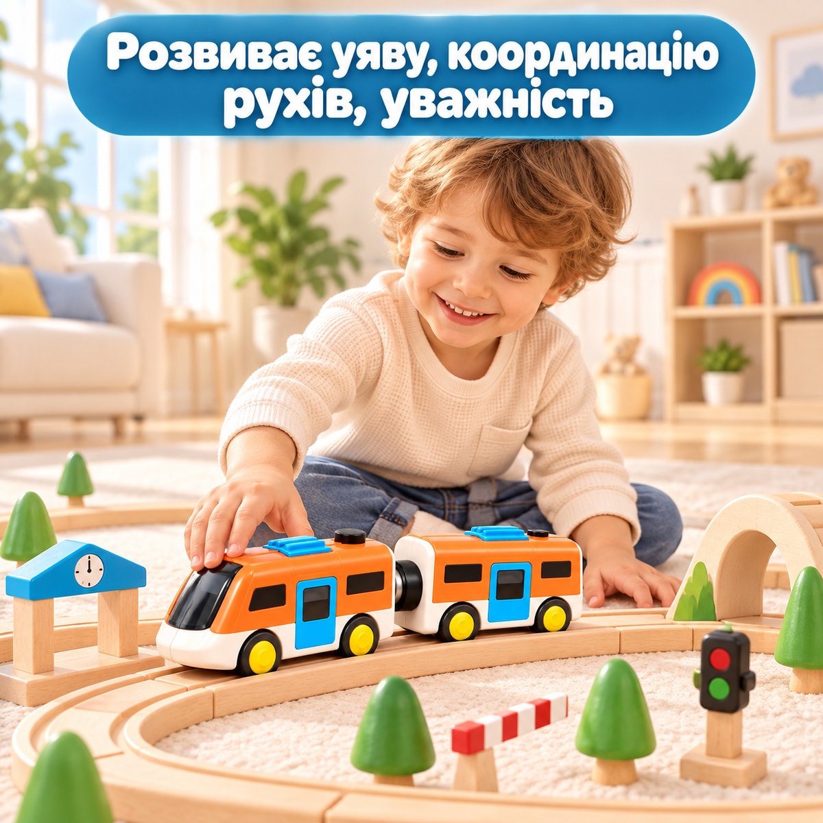 Дитяча залізниця 36 деталей з електропоїздом і вагоном, мостом, станціями, опорами та декораціями, ігровий набір від 3 років-thumbmail-5