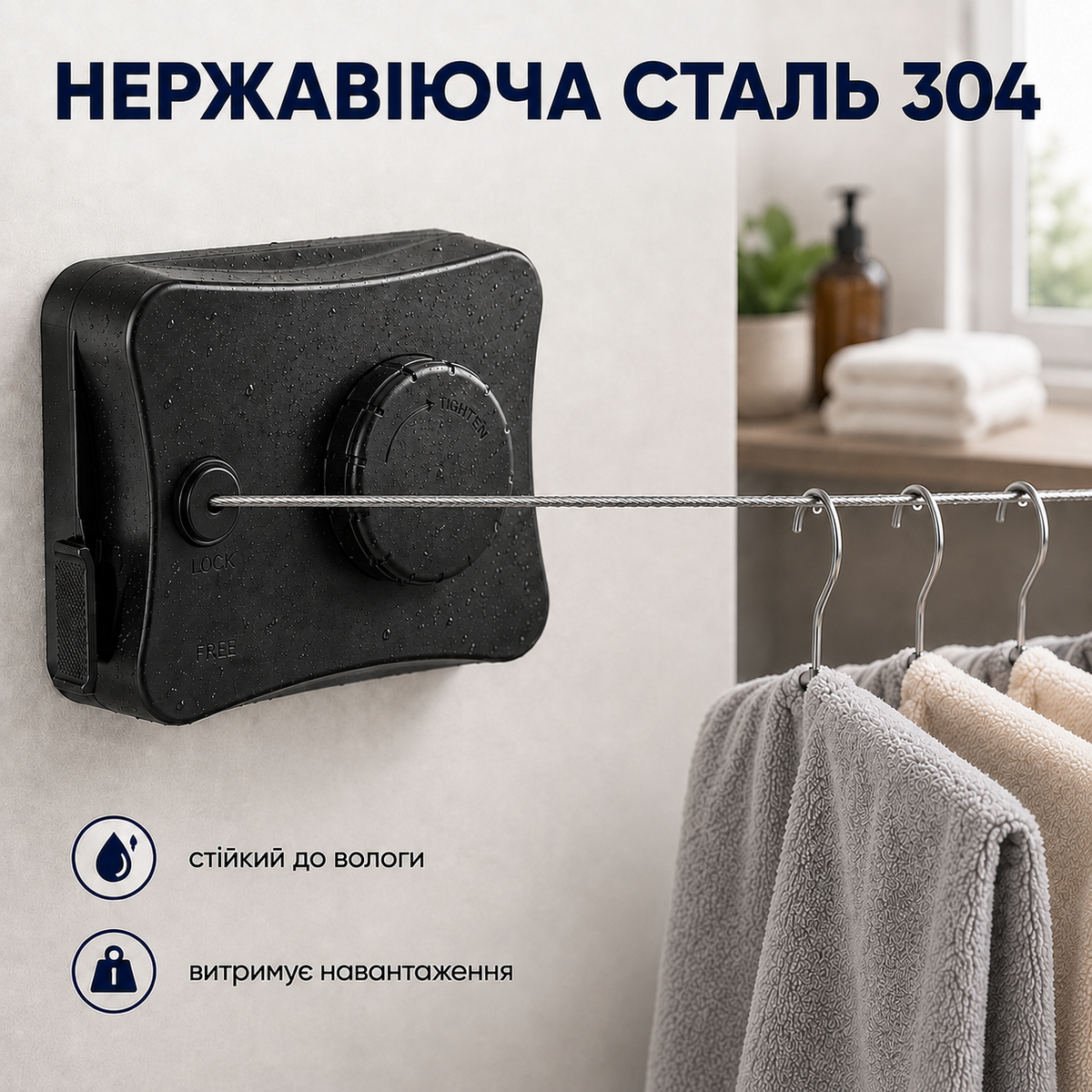 Настінна висувна сушарка для білизни 5,1 м, з автоматичним змотуванням і регулюванням натягу, чорна-thumbmail-6
