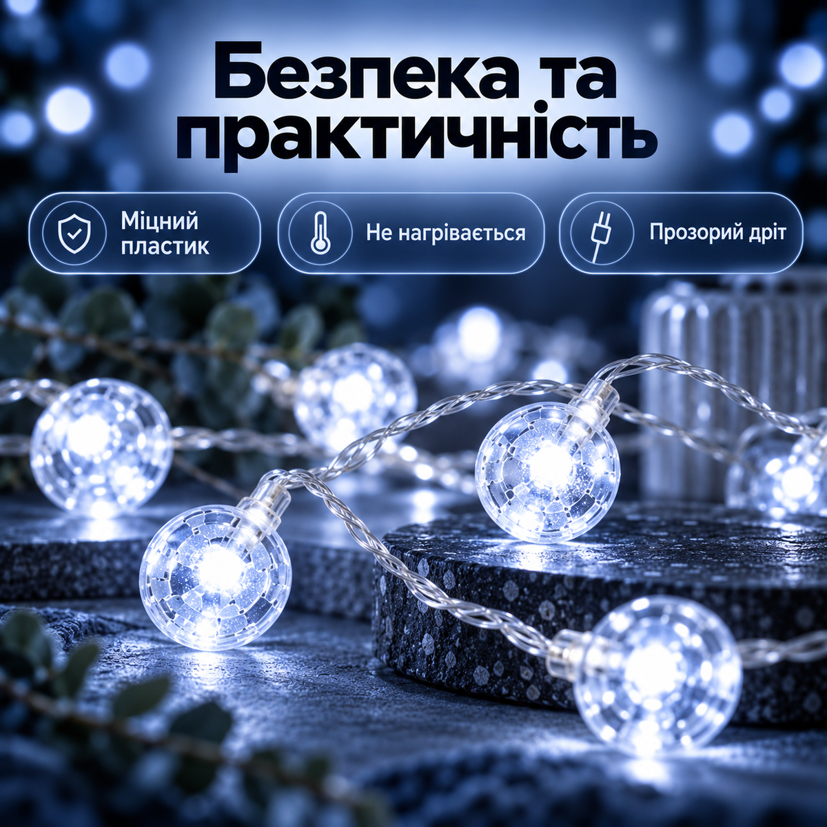Світлодіодна гірлянда з кульками, довжина 5 м, 30 кульок, LED біле світло, на батарейках AA, 2 режими, захист IP20-thumbmail-6
