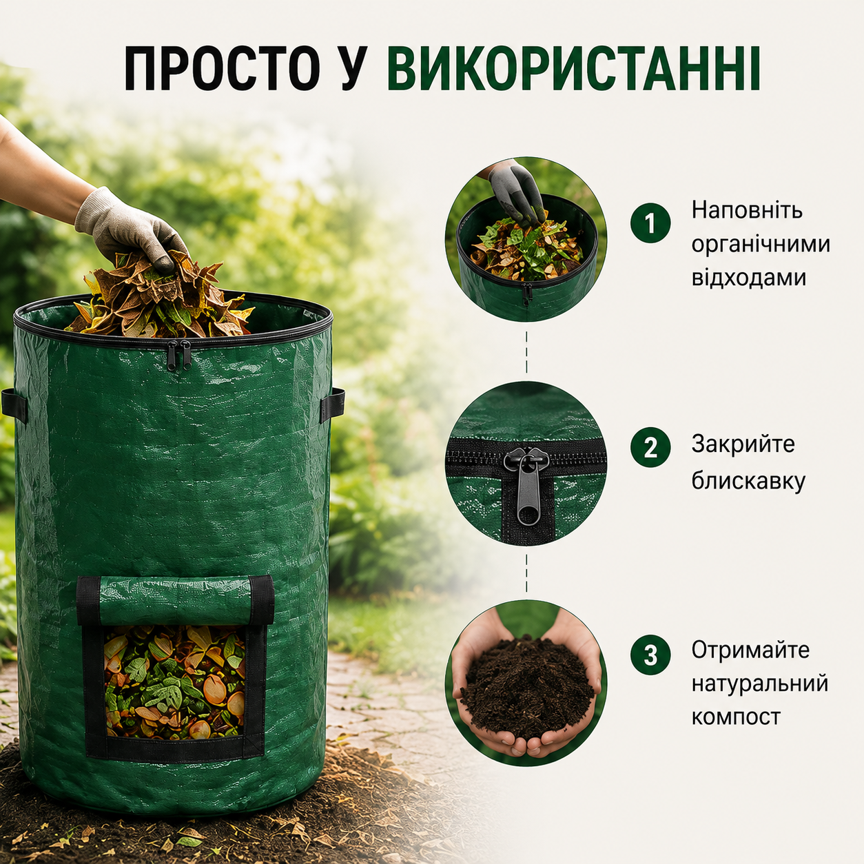 Мішок для компосту садовий 127 л, 80×45 см, поліпропіленовий, з ручками та блискавкою, зелений-thumbmail-6