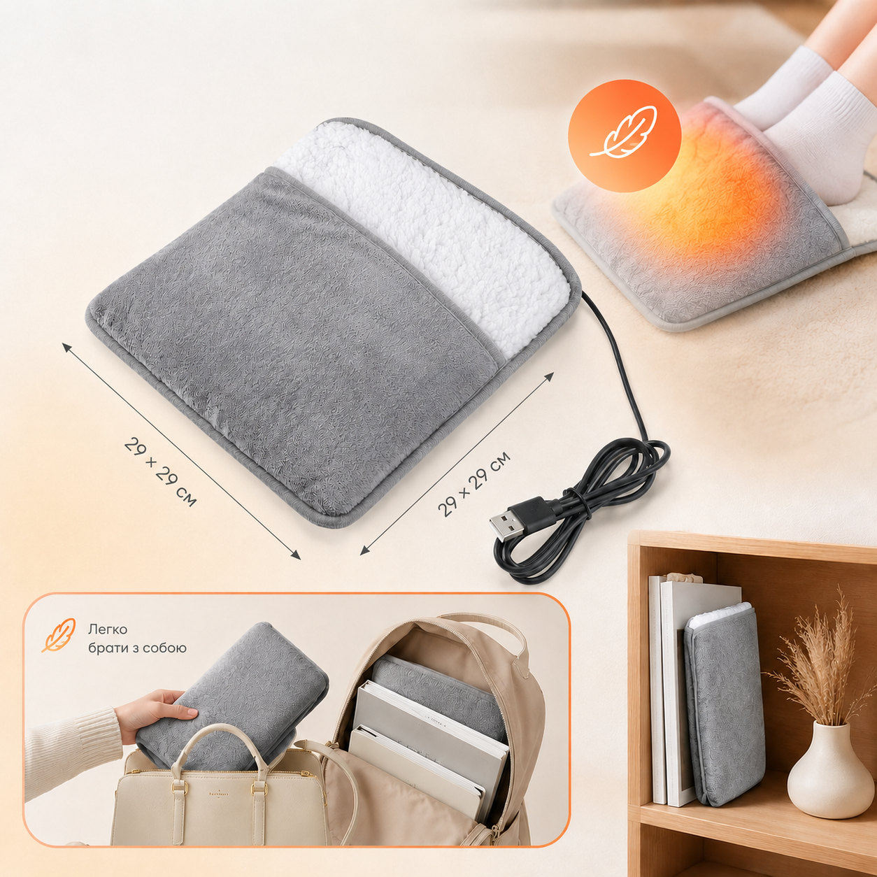 Електрична грілка для ніг, з USB-підігрівом, 29 × 29 см, сіра-thumbmail-6