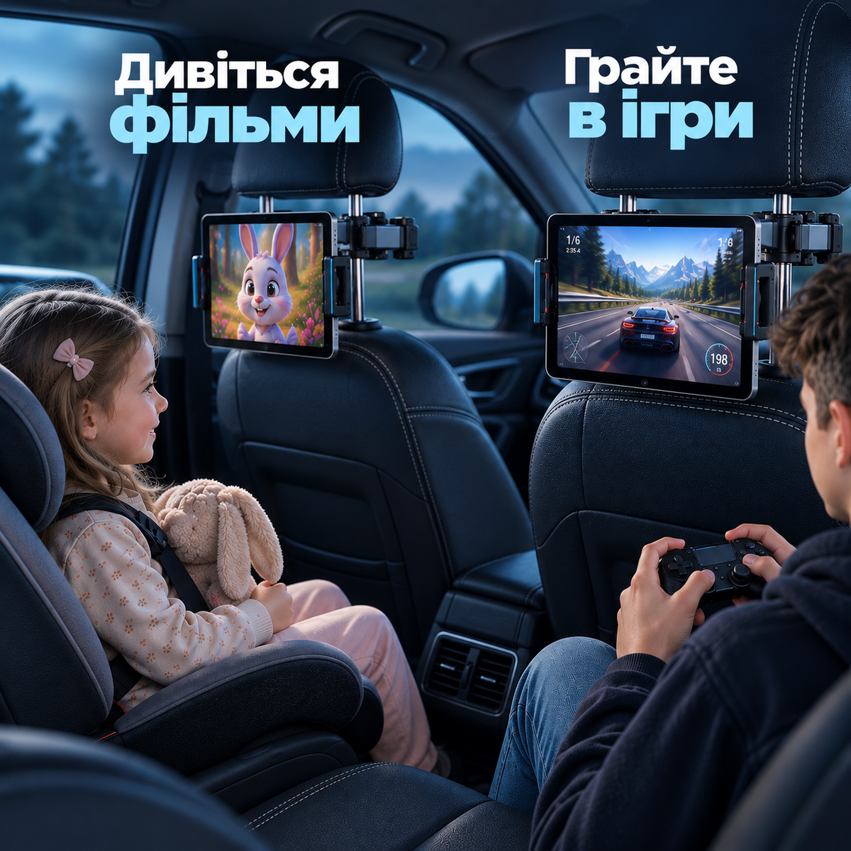 Тримач для телефона та планшета на підголівник автомобіля 4,7–12,9″, обертання 360°, чорний-thumbmail-6
