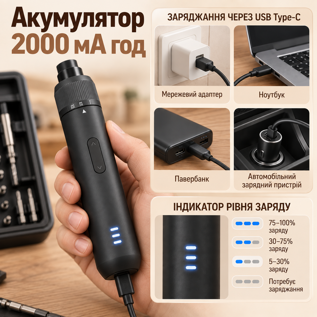Акумуляторна викрутка 5 Нм, 2000 мАгод, набір 27 предметів, USB Type-C, у кейсі-thumbmail-6