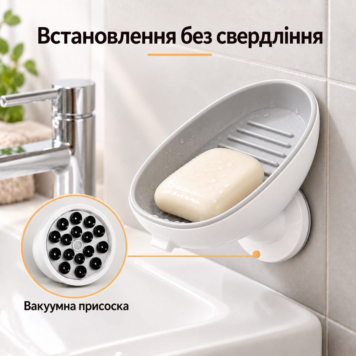 Мильниця на вакуумній присосці з дренажем, для кускового мила, встановлення без свердління, біло-сіра
